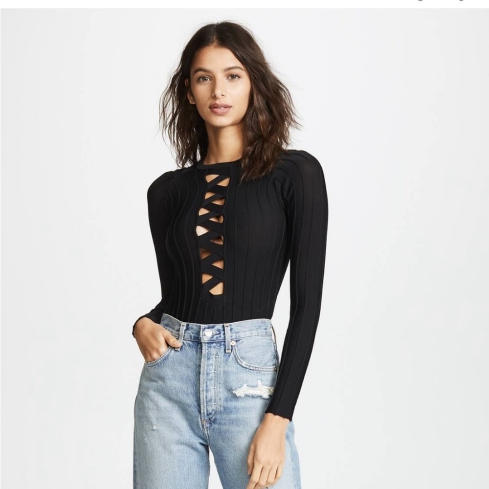 For Love & Lemons Knitz Simone Lace Up Bodysuit in Black Size Small